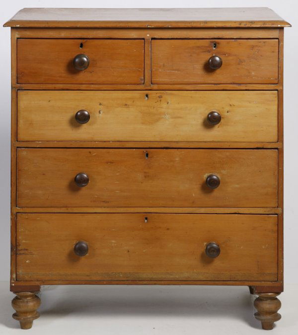 American Early Empire 5 Drawer Dresser: 2 short drawers over 3 long drawers with turned bun feet and turned knobs. Molded top, and finely dovetailed drawers. 43" H x 37" W x 19" D. Early refinished, lacking 2 of 5 locks, minor imperfections