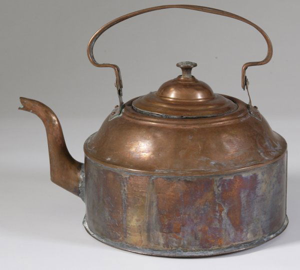 19th C. W.N. Braund Copper Tea Kettle: 19th C. Handmade copper kettle by W.N. Braund, from Dunnvilee C.W. W.N. Braund was a tinsmith in Dunnville, Ont., born in 1835 and died 1904. 12" H x 11" Dia.; wear consistent with age and use. Collec
