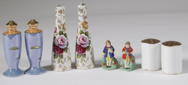 4 Pairs of Decorative Salt and Pepper Shakers: First pair is an Old Foley set in shape of wine bottle with floral and gilt designs, 6" H. Second pair is a set of German shakers in white with gilt banding on bottom and gilt to the top, 2.75" H. Thi