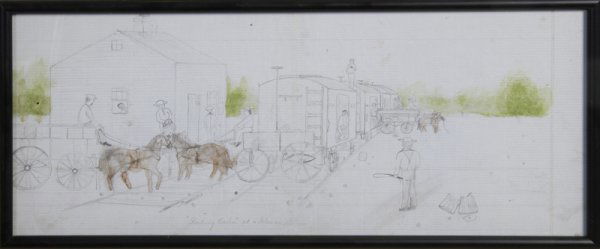 Willie Clements, Drawing; "Loading Peaches": Willie Clements drew this on ledger paper from his uncles store in Delmarva, when he was just 14 years old, in 1896. It is from his portfolio. "Loading Peaches" at a Delaware Station" depicts a woderf