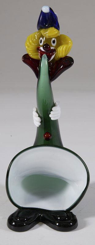 Vintage Murano Art Glass Saxophone Clown: Saxophone body in green, with the clowns hands holding the horn, along with horn tip in clown's mouth simulating playing. 10.25" H; excellent condition. Private collection, Lapeer, MI.