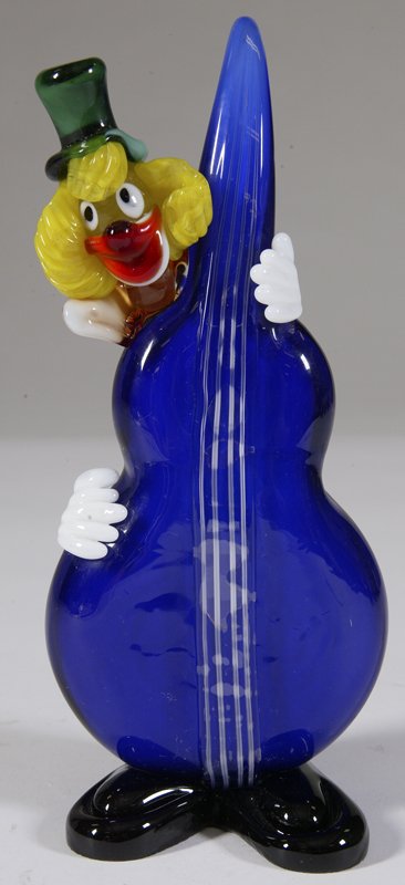 Vintage Murano Art Glass Cello Clown: Cello body in blue with clowns head and hands playing the instrument. 9.5" H; some bubbling where the strings are. Private collection, Lapeer, MI.