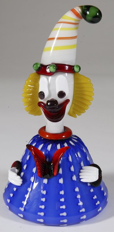 Vintage Murano Art Glass Clown: Bell shaped body in blue with a red butterfly, clown has long jester style hat. 10.5" H; excellent condition. Private collection, Lapeer, MI.