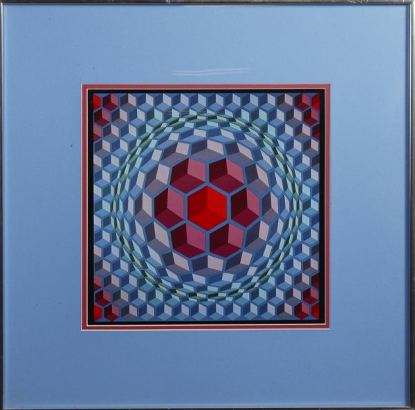 Victor Vasarely, Color Print; Abstract: Victor Vasarely, 1908-1999, French. Abstract 3-dimensional round and square objects, unsigned, 14.25" H x 14.25" W. Excellent condition. Private collection from Highland Heights, Ohio.