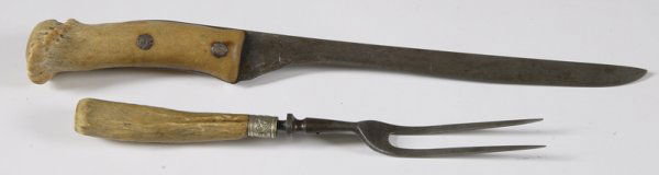 Cutlery Knife and Fork Set Made of Deer Antlers: Cutlery knife and fork set made of deer antlers. Knife and fork handles are made of deer antler. Knife and fork set are in good condition with some wear to graining on handles. Knife measures 14" long