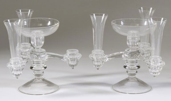 Pair of Glass Epergnes: Pair of glass three arm epergnes. Footed base with three glass inserts to hold flowers. Each measure 9" high. Good condition.