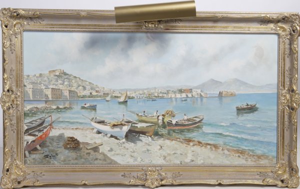Oil Painting on Canvas by Giuseppe Salvatti: Large painting depicting capri with boats & people in the harbor. Giuseppe Salvatti (Born in 1900), known for his scenes of capri and harbor, size: 23" H x 47" W in a carved gilt wood frame with displ