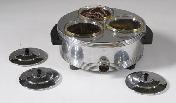 Chase Food Warmer with Pyrex Glass Inserts: Round form with 3 compartments with round painted black lids with painted wood handled raised on four black painted round turned wood legs, 7"H x 14"D. Minor surface scratches on the surface from norm