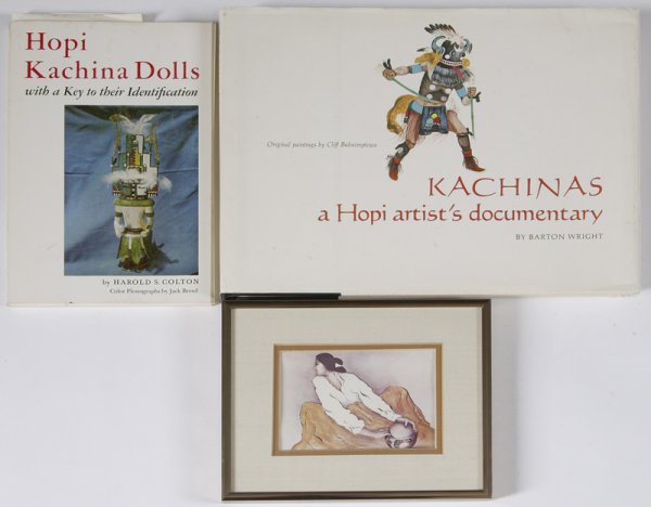 Lot of 3: 2 Kachina Books/1 R.C. Gorman Print: Hopi Kachina Dolls by Harold S. Colton with a key to their identification, soft cover. Together with Kachinas, a Hopi artists documentary by Barton Wright, hard cover. And a small R.C. Gorman Print, d