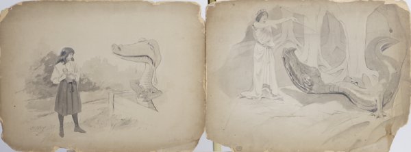 2 Late 19th C. Mixed Media Illustrations: Both in ink, pencil and watercolor, first is titled, "The Spell," and depicts a lady wearing a crown, holding a magic wand over a large dragon emerging from trees. Second is titled "A Tenderhearted Mo