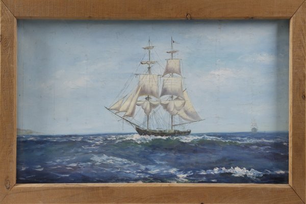 American School Oil On Canvas: Clipper Ship: Early 20th century oil painting. Very nice oil on canvas depicting a large clipper ship on the rough sea with a smaller clipper ship in the distance. Painting is in wood frame and measures 46' wide x 