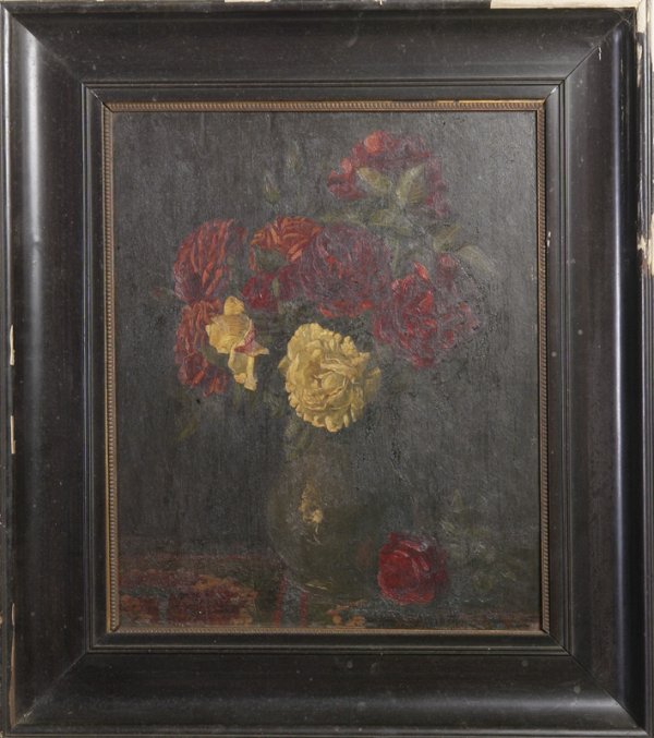 S.H. Maris, Oil on Board; Rose Still Life: S.H. Maris, 20th C. European, Beautiful red and white rose still life in a vase atop colorful table cloth. 18.5" H x 15.25" W; signed in LR. Craquelure throughout and needs cleaning. Private collectio
