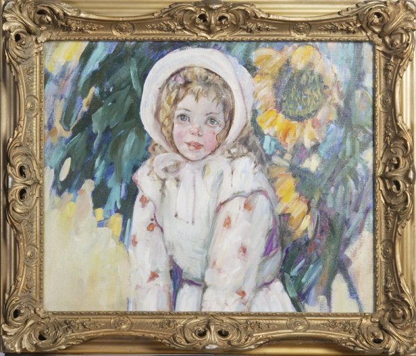 Borg, Oil on Board, Young Girl and Sunflowers: 20th C. Detroit, Michigan artist. Portrait of a young girl wearing a polka-dot dress and bonnet standing in front of sunflowers, with other vibrant abstract colors surrounding. 19.5" H x 23.5" W. In m