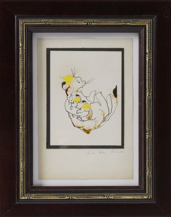 19th/Early 20th C. Mixed Media on Paper; Mother Ca: Very nice little drawing in ink of a mother cat on her back and holding two babies. Additional paint in colors of yellow and red. 5.75" H x 4" W; signed illegibly on bottom and framed behind glass. To