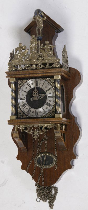 Exceptional 19th C. Style Wall Clock: Dutch Warmink Wuba 8 day wall clock depicts a standing Atlas carrying the universe. Silver dial with bronze hands and two side windows for display. Pear shaped solid brass weights and horseman for pen
