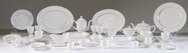 111 Pieces Royal Worcester China Mayfair: One hundred and eleven piece set of Royal Worcester China in the "Mayfield" pattern. White scalloped porcelain design with gold rim. Set includes 8 dinner plates, 8 luncheon plates, 8 salad plates, 8