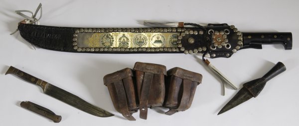 5 Antique Weapon Articles: Includes a sheathed machete from El Salvador decorated with various flag insignia's, 27" overall length. A Acier Fondu hunter knife, 11.5" overall length. A primitive carved spear knife, 8" overall le