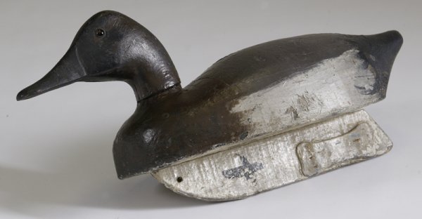 Canvasback Hen Decoy~Lake St. Clair: Circa 1920's, with Andy Meyer sailboat style keel. Painted black, gray, white and brown with inset glass eyes. 8.5" H x 16" L. Has been repainted in areas, wear throughout and minor paint loss through