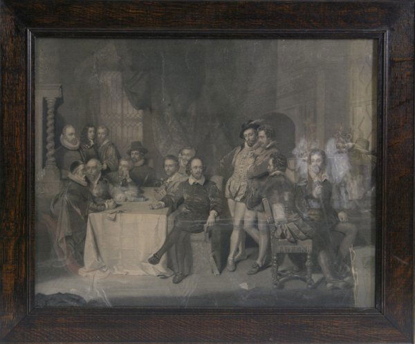 Antique Black and White Litho; Gentlemen's Meeting: Large frame lithograph of gentlemen standing and sitting around a table, dressed in period clothing. 21.5" H x 27.5" W. Large tear in LL and UL. Private collection St. Clair, Michigan.