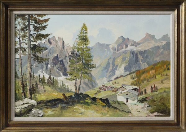 R.L. Gast, Oil On Canvas; Mountain Landscape: Summer Bavarian mountain landscape with buildings and tall trees nearby rolling fields, signed LL, 24" H x 36" W. Great condition.