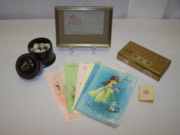 Lot Of Five Miscellaneous Items: Lot includes vintage Ajax drinking cup, Lipton's tea bags tin, metal picture frame and a box of vintage good housekeeping's all occasion cards and envelopes. Good used condition.