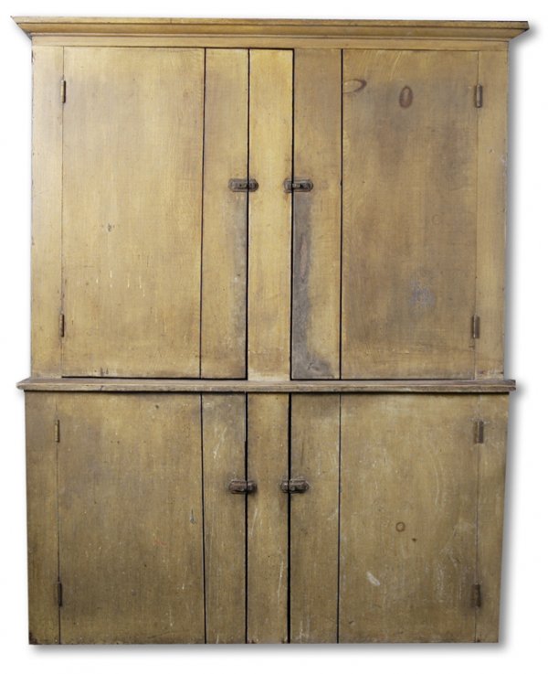 19th C. American Step-Back Cupboard: Step-back wall cupbaord, country-style, pine, one piece construction, original mustard yellow paint. One piece with two blind doors on top exposing three shelves, and two blind doors on bottom exposin