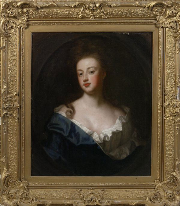 18th/19th C. Oil on Canvas English School: 18th C. oil on canvas portrait of woman in green and cream gown. Oil on canvas is similar to the works of Peter (Sir) Lely, 1618-1680, British. Highly gold ornate frame with raised scroll design on al