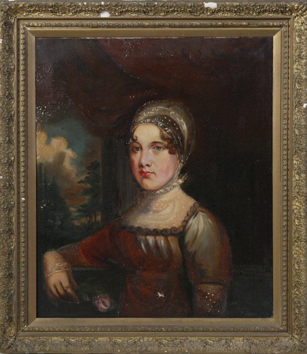 Oil on Canvas; Portrait of Woman With Hair Wrap: Oil on canvas of woman seated in front of a window. She is wearing a gown with matching head wrap holding a rose. Paper label en verso reads: Mary Browne married to George Farrar 1791-1877. Gold frame