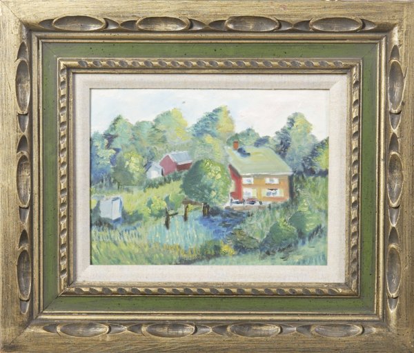 Oil on Board; Attributed to William James Glackens: Attributed to William Glackens. Oil on board depicting a landscape scene with houses and trees. Wood frame in gold and green with one inch linen boarder. Painting measures approx. 11.5" wide x 8.5" hi