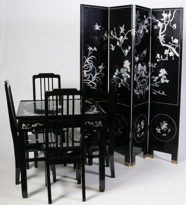 Chinese Lacquer Mah Jong Table, Chairs & Screen: Black lacquered with detailed Mother of Pearl inlay. Table floral inlay on sides and on top, with four drawers for tiles. Chairs have floral leaf and butterfly inlay on seats. And screen decorated wit