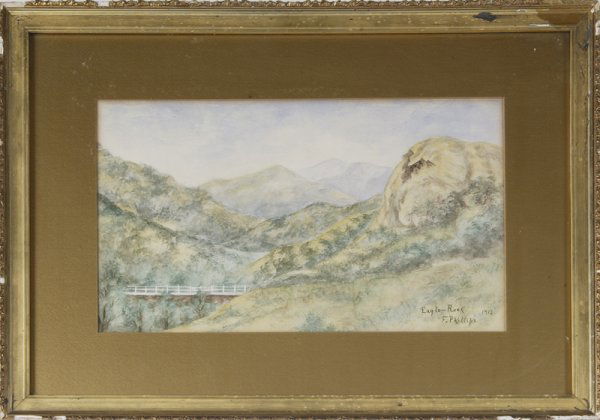 Watercolor on Paper by F. Phillips, Dated 1912: Mountainous landscape with a fence lined bridge. Signed in LR, Eagle-Rock, F. Phillips 1912, possibly Frederick Phillips, a California artists who painted landscapes in the late 19th and early 20th C.