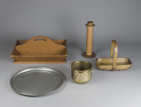 5 Pieces of Very Fine Primitive Items: Includes a wooden cutlery tray on base with scalloped edging, 7" H x 17.5" L. An early handmade splint cradle basket, 8.75" H x 10.5" L. A hammered brass two-handled pot with copper nails and held tog