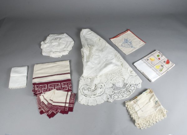 Nice Grouping of Lace Textiles, Over 40 Pieces: Includes table cloths, doilies, lace napkins. 1900-1950's, some with light soiling, otherwise very good condition. Private collection Hadley Twp., Michigan.