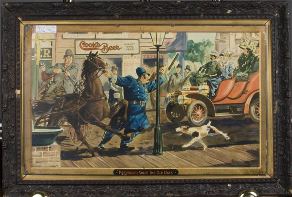 Vintage Cook's Golblume Tin Beer Advertising Sign: Depicts a police officer holding a horse and yelling at a car passing though town. Cook's beer sign on store, and below "Preferred Since the Old Days." 12.75" H x 20.75" W, and in frame. Good conditio