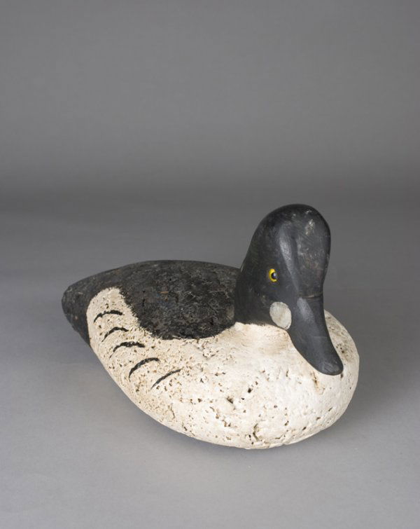 Attributed to L.L. Bean Whistler Drake Decoy: Cork decoy painted in white and black with inset yellow glass eyes. 7.25" H x 13.75" L. Minor wear to painted surface. Private collection Rochester, Michigan.