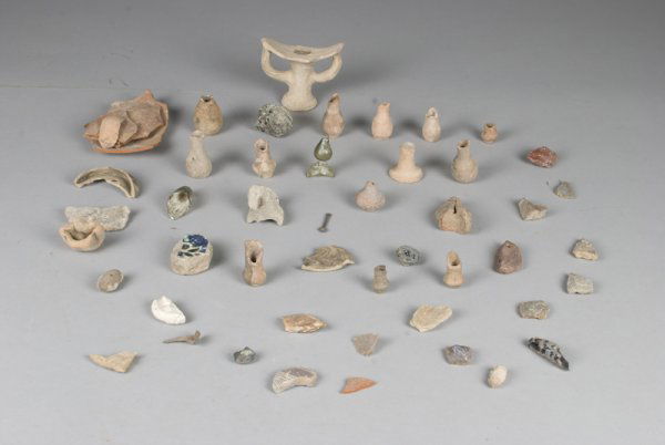 Approximately 40+ Glass, Pottery & Stone Fragments: Old Kingdom 2200 BC to Roman Empire. Consisting of pottery shards, tiled fragments and Roman glass shards. Some with carved and painted designs. Assembled in the middle 19th Century by Henry Gillman,