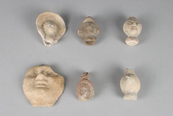 (6) Old Kingdom Terracotta or Pottery Heads: Some lacking bodies, one or two possibly as made just the head, one a face mask with damage to top right corner. Tallest 4". Assembled in the middle 19th Century by Henry Gillman, a noted scientist, a