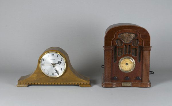 Thomas Radio and Mantle Clock: Thomas replica radio no. 0567, 13.75" H, together with a Commodore battery operated mantle clock, 8" H x 16" W. Both in working condition. Private collection Lake Orion, Michigan.