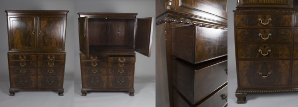 Fine Henry Ford Estate Mahogany Linen Press: Exceptional English mahogany linen press with two paneled doors above eight graduated drawers. Molded and carved cornice and sides. One shelf inside doors. Finely dovetailed with brass pulls and raise