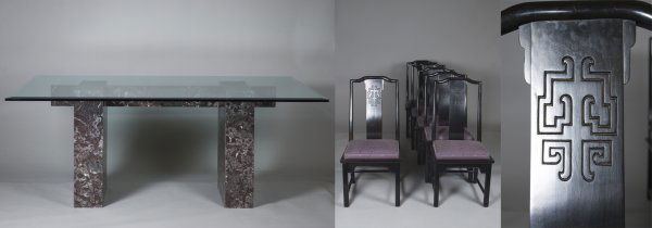 Chinese Marble and Glass Dinning Table & Chairs: Gray and plum marble base with beveled glass top and six black laquered chairs with carved back slats and amethyst cloth cushions. Table measures 72" long x 48" wide. Chairs measure 40" high. Very nic