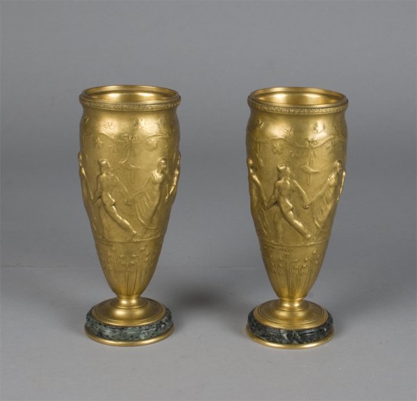 Pair of Fine F. Levillain For F. Barbedienne Bron: A fine pair of neoclassical urns designed by Ferdinand Levillain for the Ferdinand Barbedienne bronze works decorated with Roman figures and decorated vines, mounted on a bronze and marble base. 6.75"