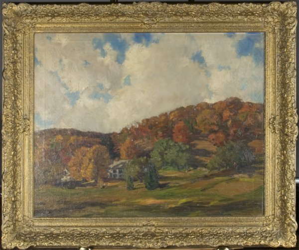 Robert Emmett Owen Oil Painting On Canvas: Titled "Westchester Hill," depicting an autumn hillside landscape with house and barn. Robert Emmett Owen, (1878-1957), New York, was known for his seasonal landscapes.Signed lower right, 25" H x 30" 