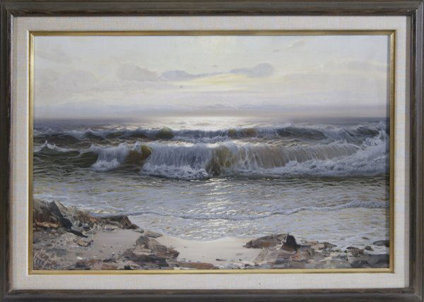 Ottorino Campagnari, Oil Painting on Canvas: Depicting a seascape with sunlit waves crashing on a rock lined beach. 24" H x 35" W. Signed LR, O. Campagnari (Ottorino Campagnari Italy 1910-1981). Whom is an Italian artist known for seascapes and
