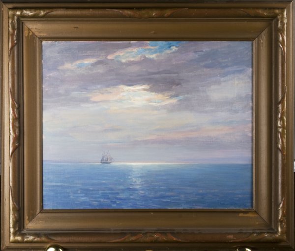 Archie Palmer Wigle, Oil Painting on Canvas: Titled "Sunset on the Straits." Archie Palmer Wigle (1891-1969), Michigan, was known for his marine and landscape paintings. Signed lower right. Dated 1918 and titled on reverse. Original arts & craft
