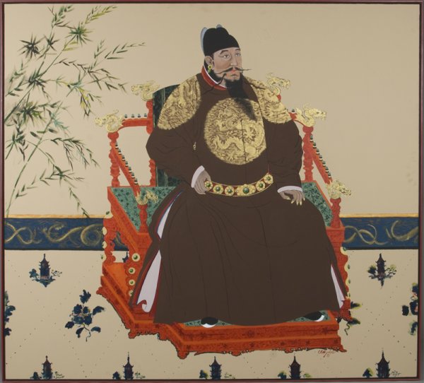 Charles Hyder Oil Painting On Canvas: Depicting an emporer on a dragon chair with a background of flowers., signed lower right and dated 1981. 71"W x 64.5"H, a fantastic painting.
