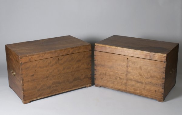 2 English Oak B&R Trunks: Oak trunks with brass handles on each end and is dovetailed on all corners. Brass plate inside trunk with initials B&R made in England. 30" wide x 20" high. Abrasions and wear consistent with age.