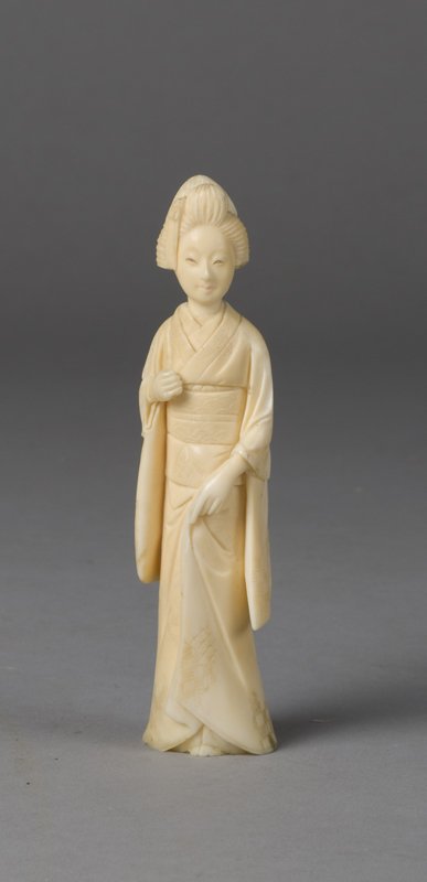 A Fine Japanese Carved Ivory Geisha: 19th C. finely carved geisha holding her robe in her left hand and a parosal in her right. Measuring 5 .5 " high. Lacking parasol, bottom of base with 1/8" long chip. Provenance: Duk Soo Palace, Seoul