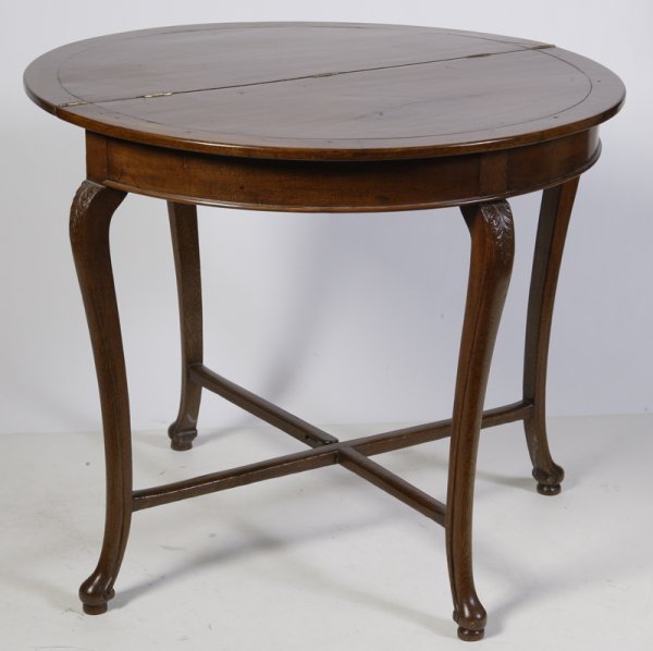 Exceptional 18th C. Chinese Games Table: Wood flip top table has carved leaf design on top of cabriole legs. Mortise and tenon construction. Table measures approx. 35". Very nice condition. Private collection Flushing, Michigan.