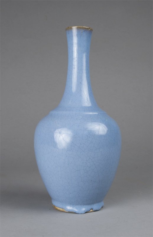 Chinese Yongzheng Bottle Vase, 19th C.: Monochromatic egg-shell blue glazed earthenware with tea dust rim, not flush, incized neck on body, two tea glaze drips on neck. Glaze extending to base and thickened drips. 10.5" H, hairline crack at