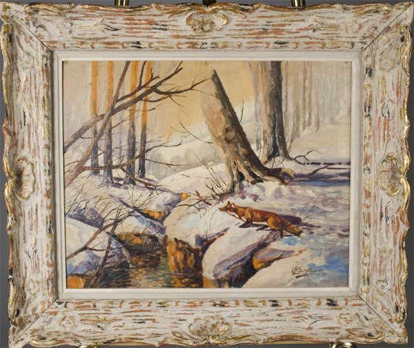 C. B. Szcytowski Oil Painting on Board: Very well done painting of a red fox in a winter forest landscape upon a river. 17.25" H x 21.75" W, signed and dated '51 in LL. Excellent condition. Private collection Lapeer, Michigan.